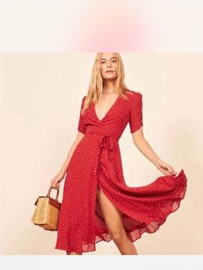 Reformation Red Polka Dot Wrap Midi Dress - Women's
